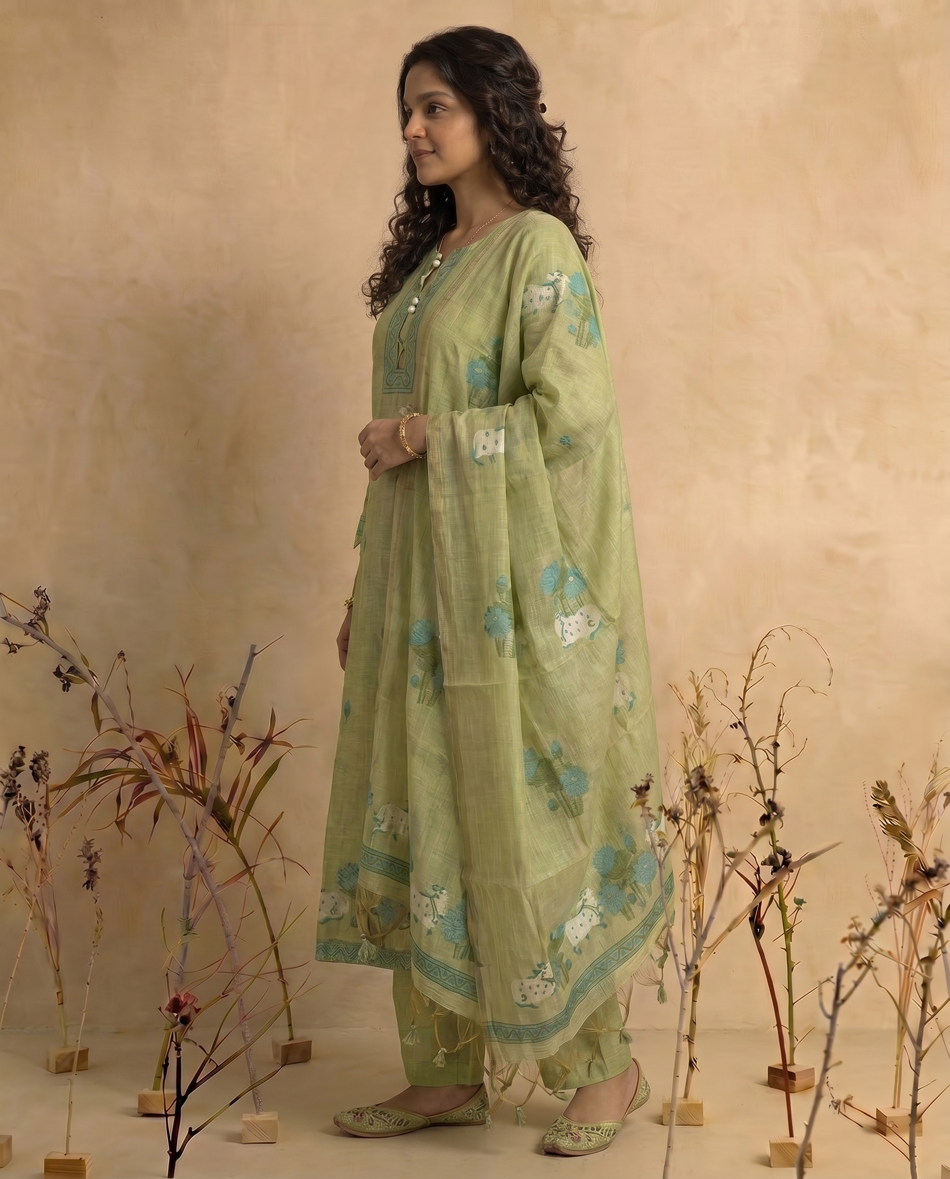 Bare Embellish Green Muga Cotton Stitched Suit Sets