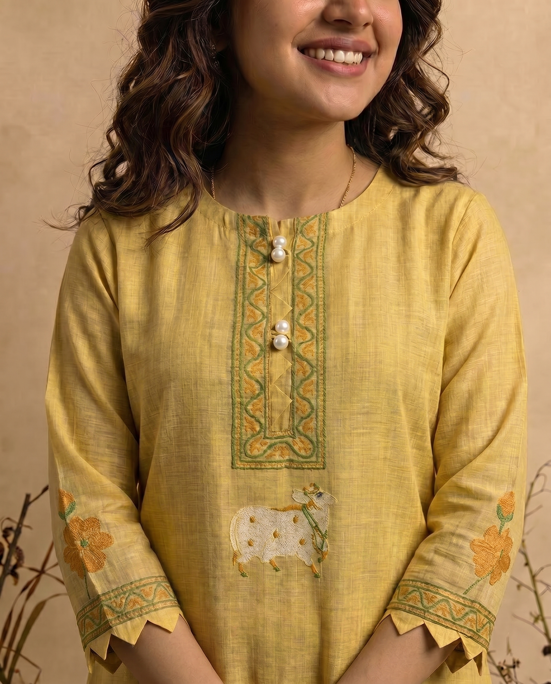 Bare Embellish Yellow Muga Cotton Stitched Suit Sets