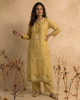 Bare Embellish Yellow Muga Cotton Stitched Suit Sets