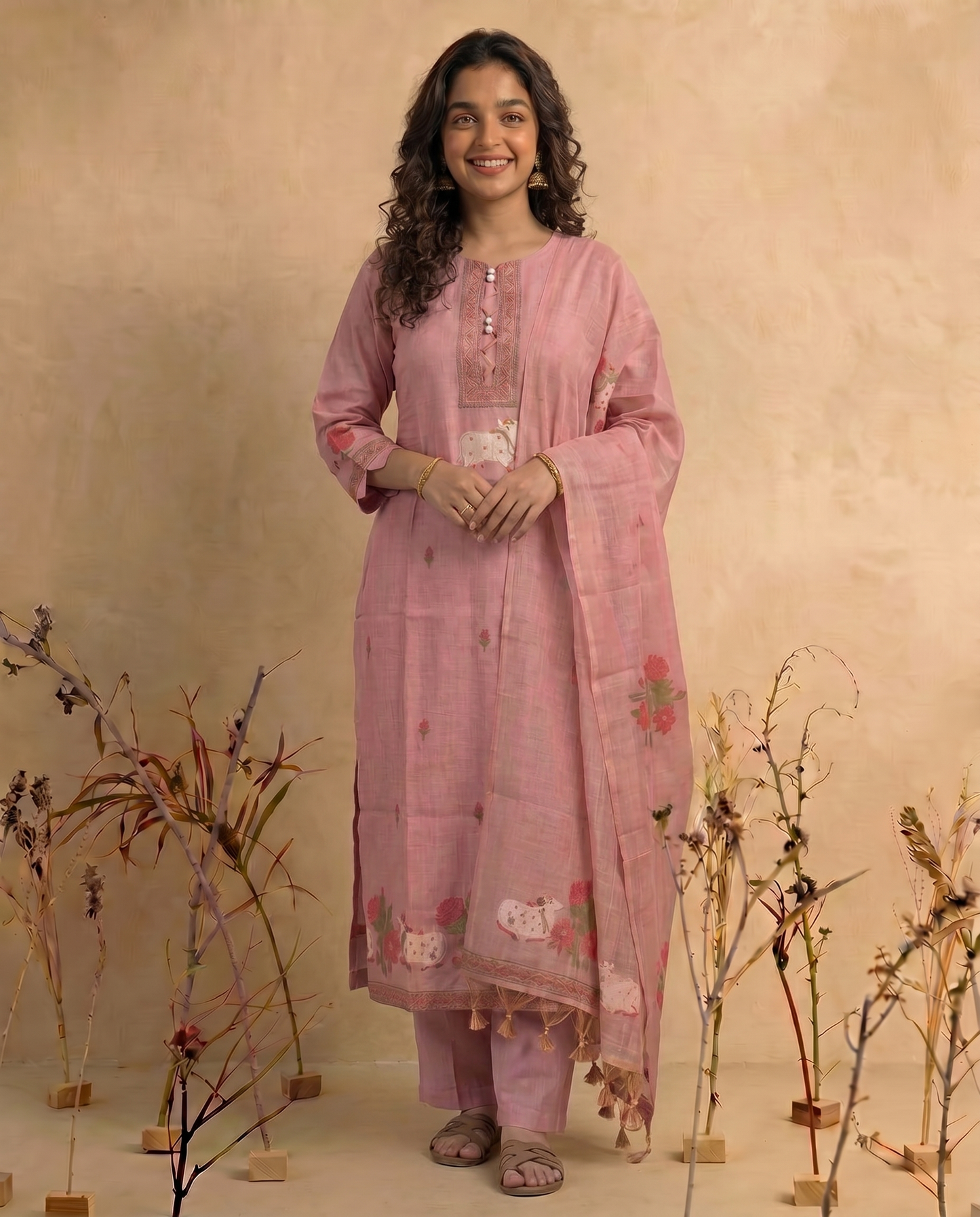 Bare Embellish Pink Muga Cotton Stitched Suit Sets