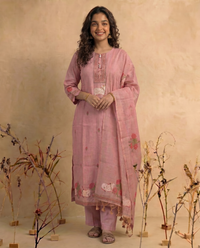 Bare Embellish Pink Muga Cotton Stitched Suit Sets