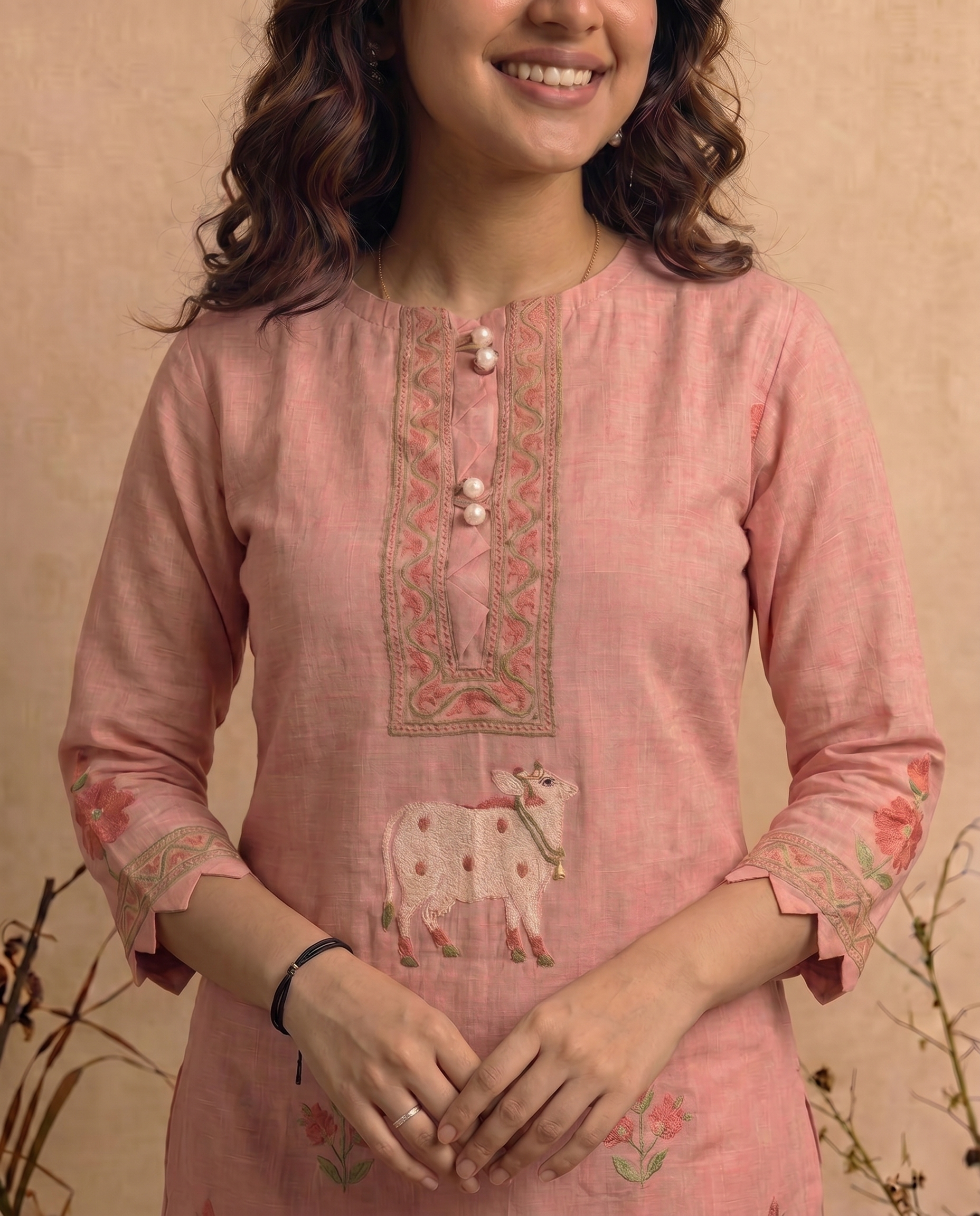 Bare Embellish Pink Muga Cotton Stitched Suit Sets