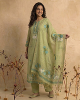 Bare Embellish Green Muga Cotton Stitched Suit Sets