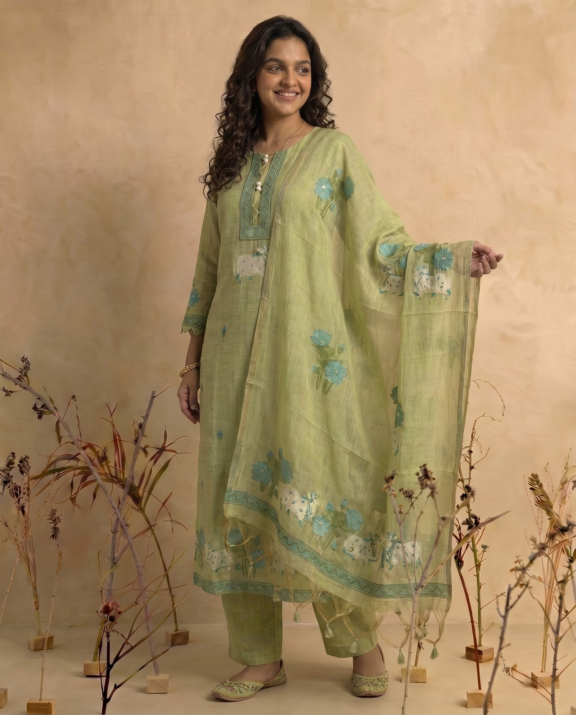 Bare Embellish Green Muga Cotton Stitched Suit Sets