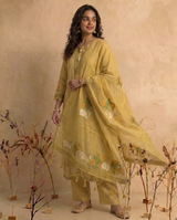 Bare Embellish Yellow Muga Cotton Stitched Suit Sets