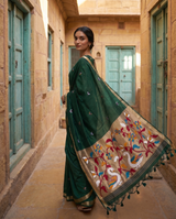 Sanjana Dark Green Muga Silk Saree With Unstitched Blouse Piece