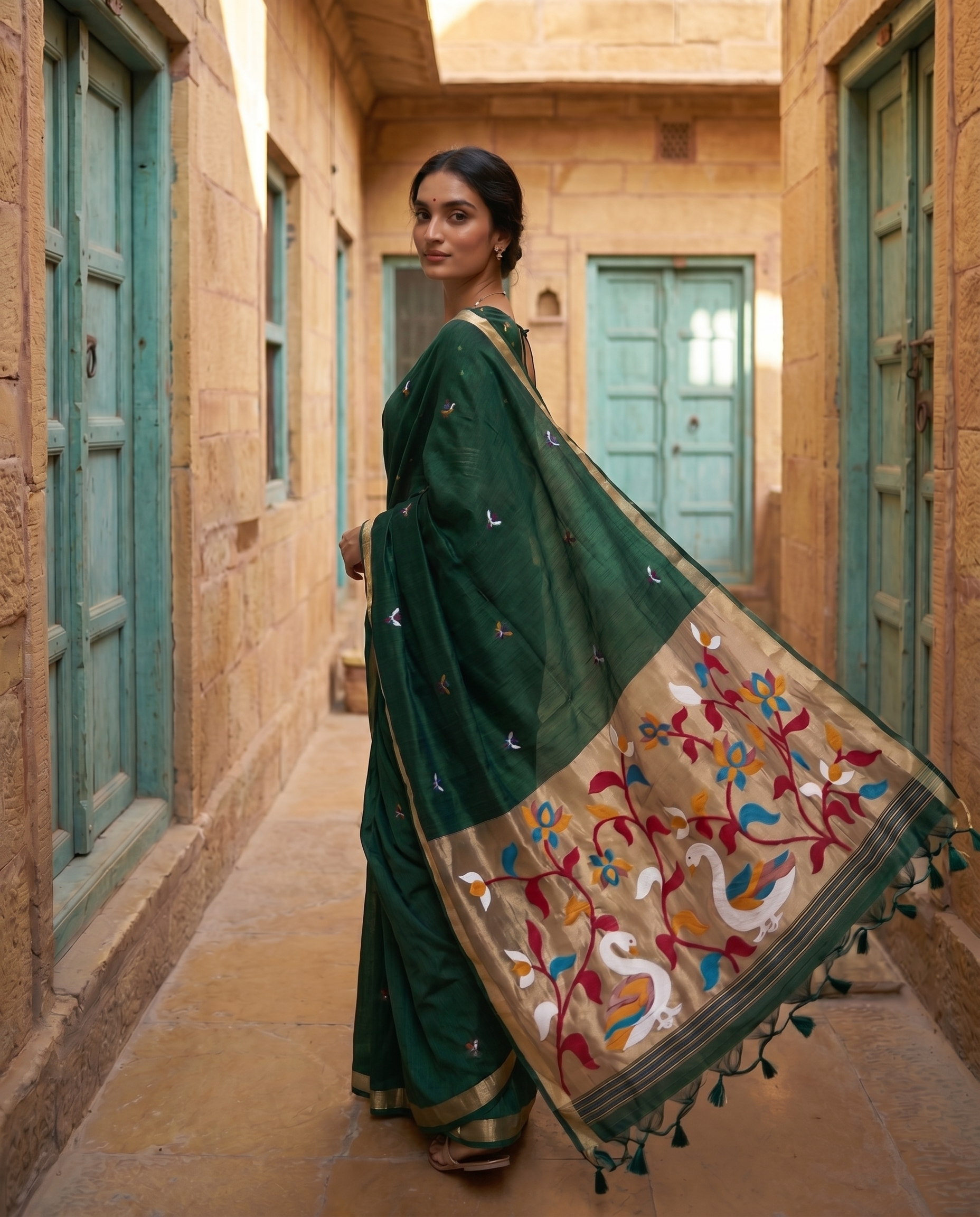 Sanjana Dark Green Muga Silk Saree With Unstitched Blouse Piece