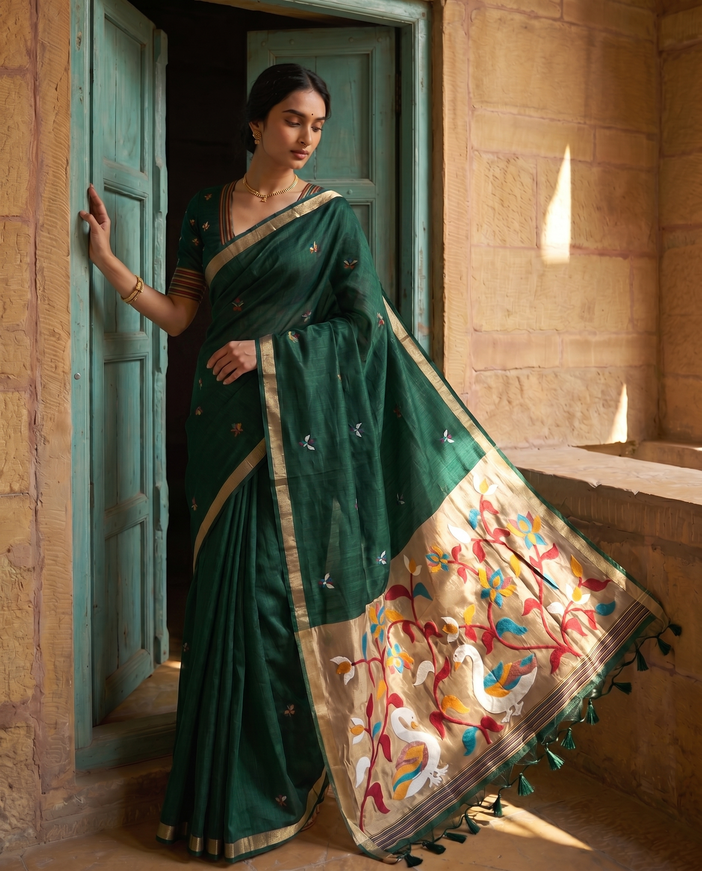 Sanjana Dark Green Muga Silk Saree With Unstitched Blouse Piece