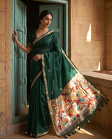 Sanjana Dark Green Muga Silk Saree With Unstitched Blouse Piece