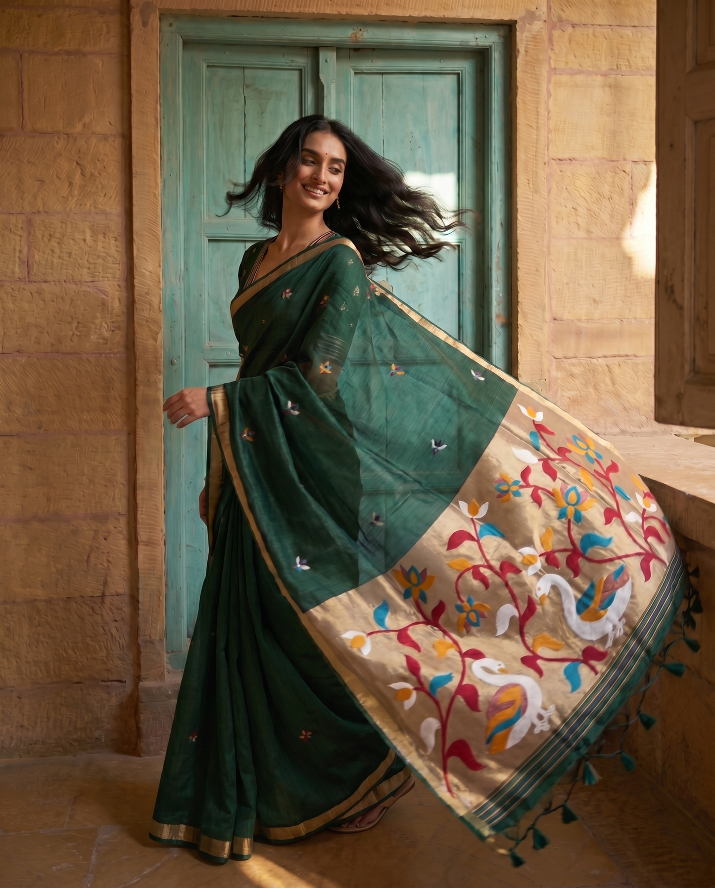 Sanjana Dark Green Muga Silk Saree With Unstitched Blouse Piece