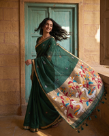 Sanjana Dark Green Muga Silk Saree With Unstitched Blouse Piece