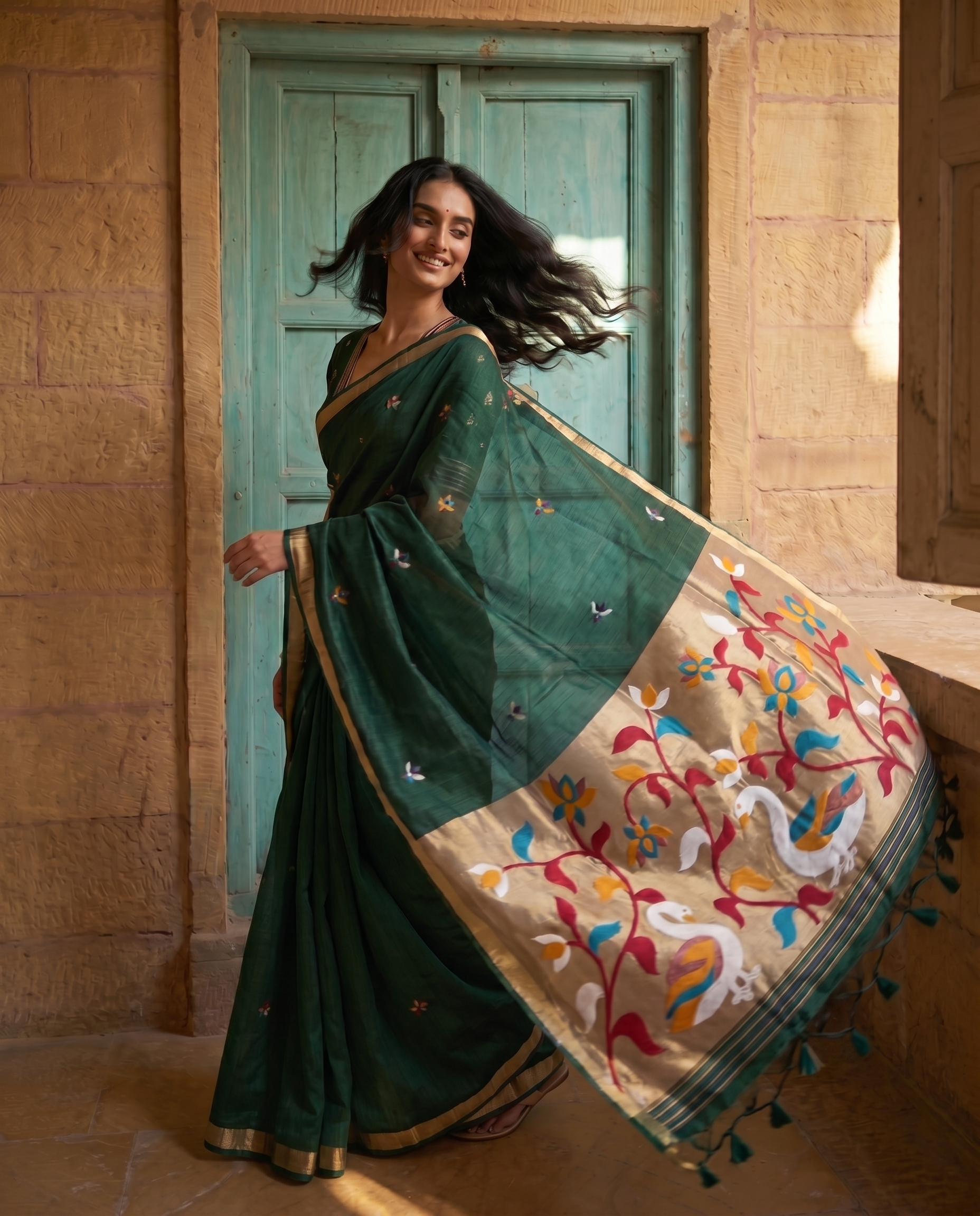 Sanjana Dark Green Muga Silk Saree With Unstitched Blouse Piece