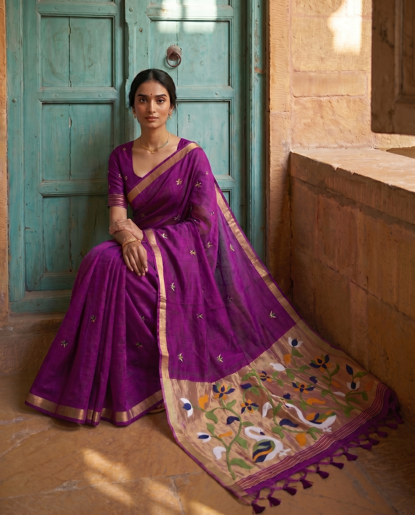 Sanjana Wine Muga Silk Saree With Unstitched Blouse Piece
