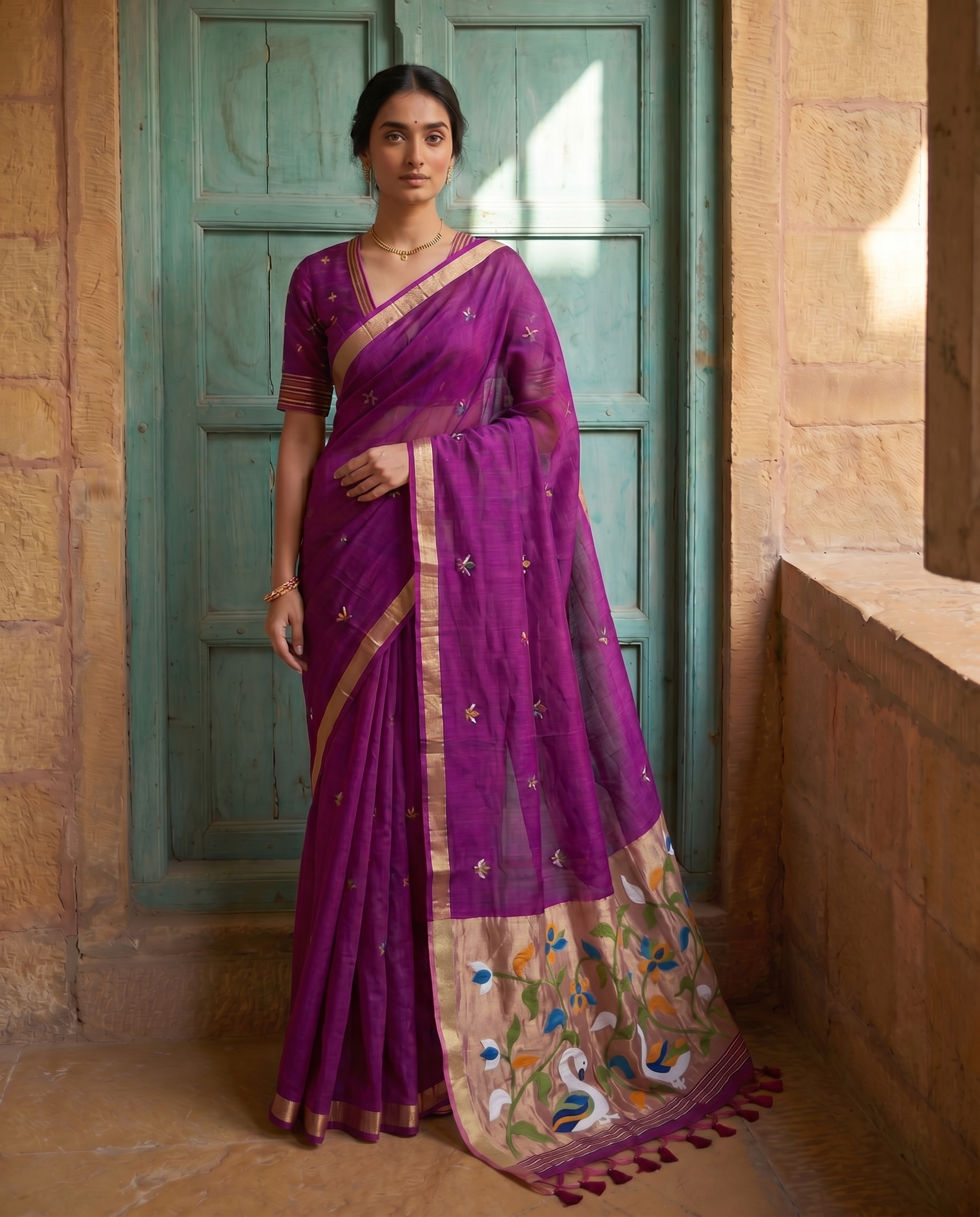 Sanjana Wine Muga Silk Saree With Unstitched Blouse Piece