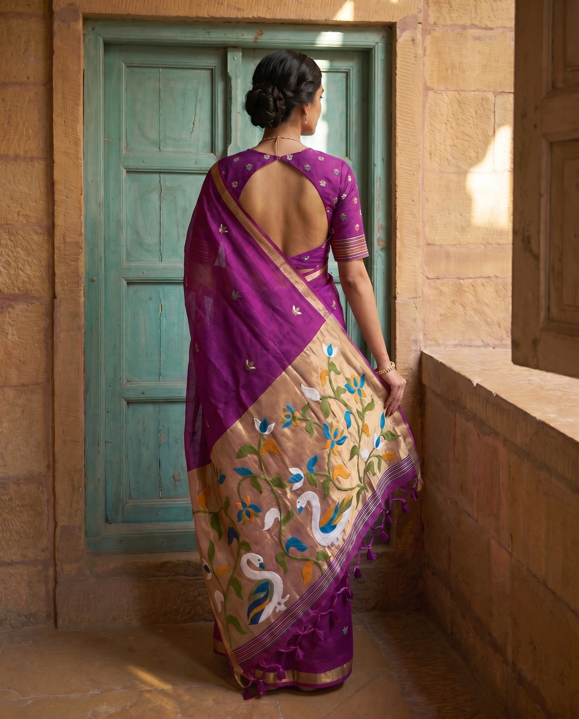 Sanjana Wine Muga Silk Saree With Unstitched Blouse Piece