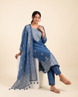 Dreamy Dusk Indigo Blue Muga Cotton Stitched Suit Set