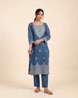 Dreamy Dusk Indigo Blue Muga Cotton Stitched Suit Set