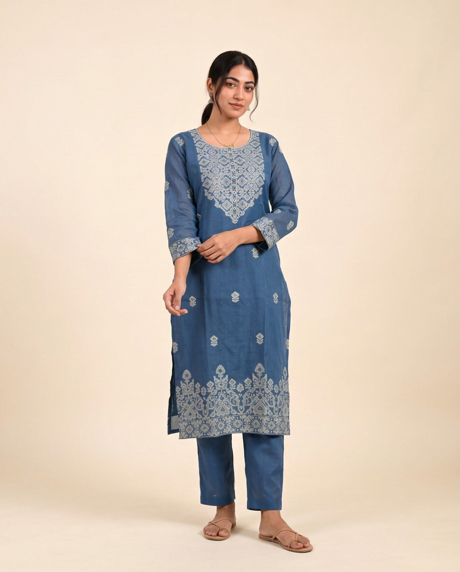 Dreamy Dusk Indigo Blue Muga Cotton Stitched Suit Set