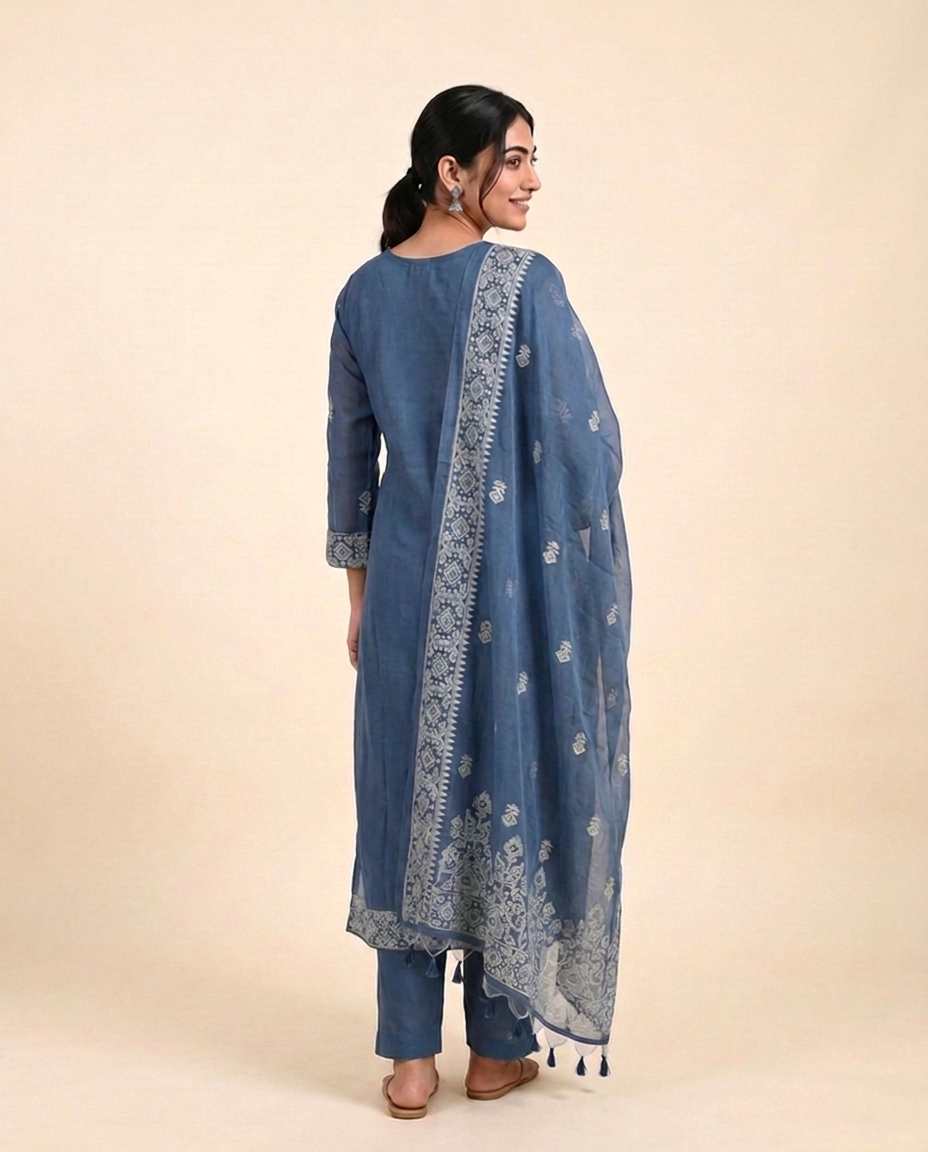 Dreamy Dusk Indigo Blue Muga Cotton Stitched Suit Set