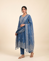 Dreamy Dusk Indigo Blue Muga Cotton Stitched Suit Set