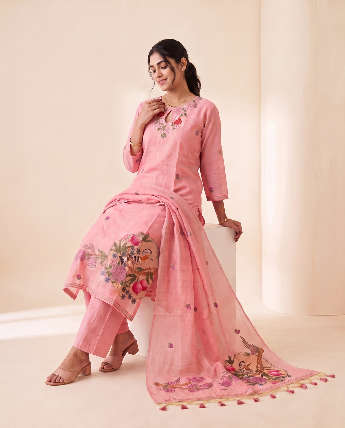 Elia Pink Muga Cotton Stitched Suit Sets