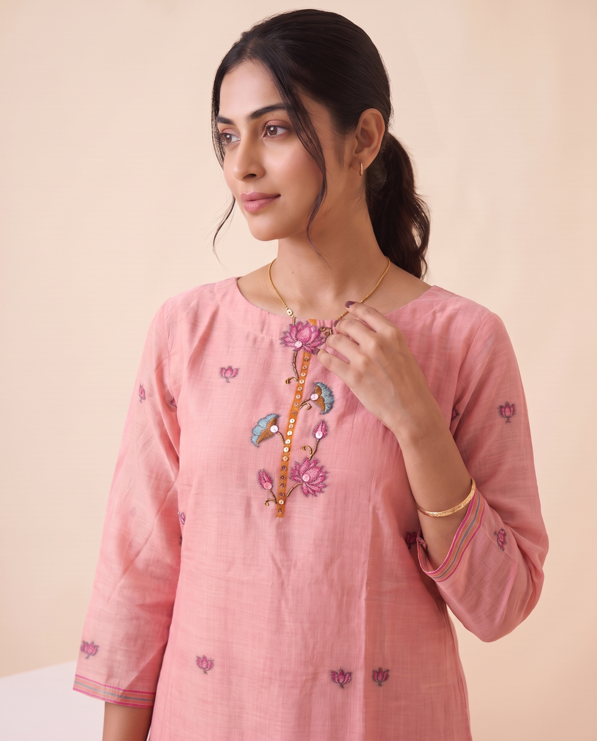 Rose Mist Pink Muga Cotton Stitched Suit Sets