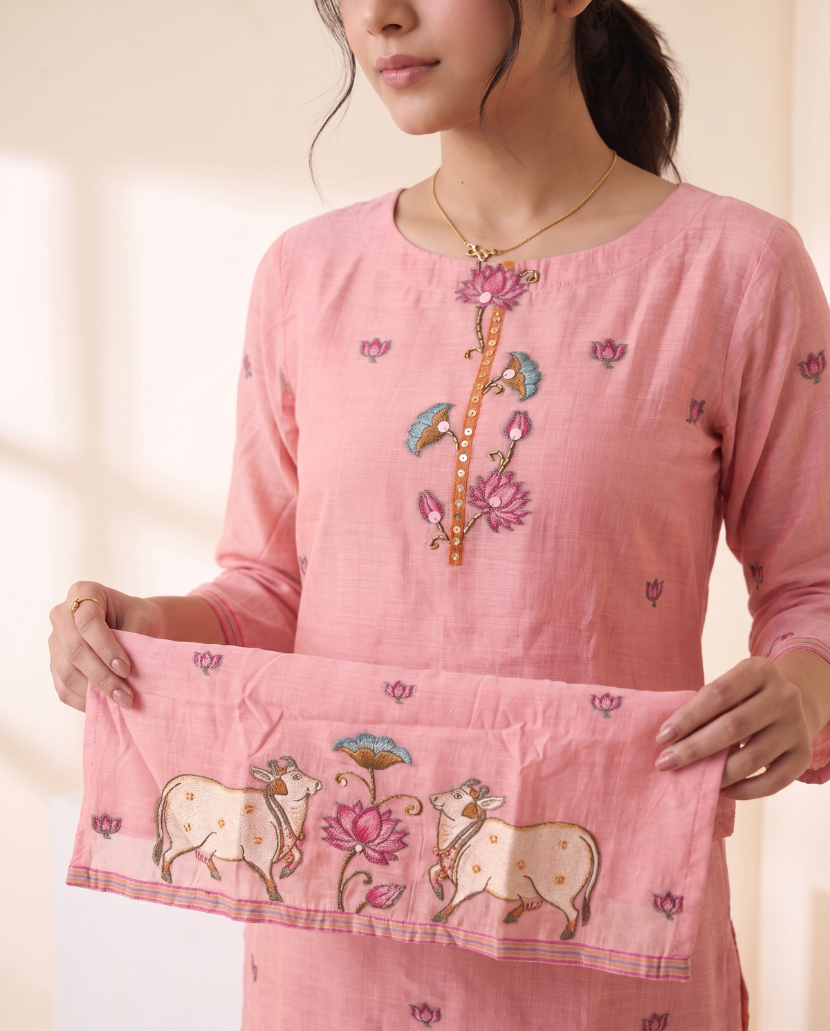 Rose Mist Pink Muga Cotton Stitched Suit Sets