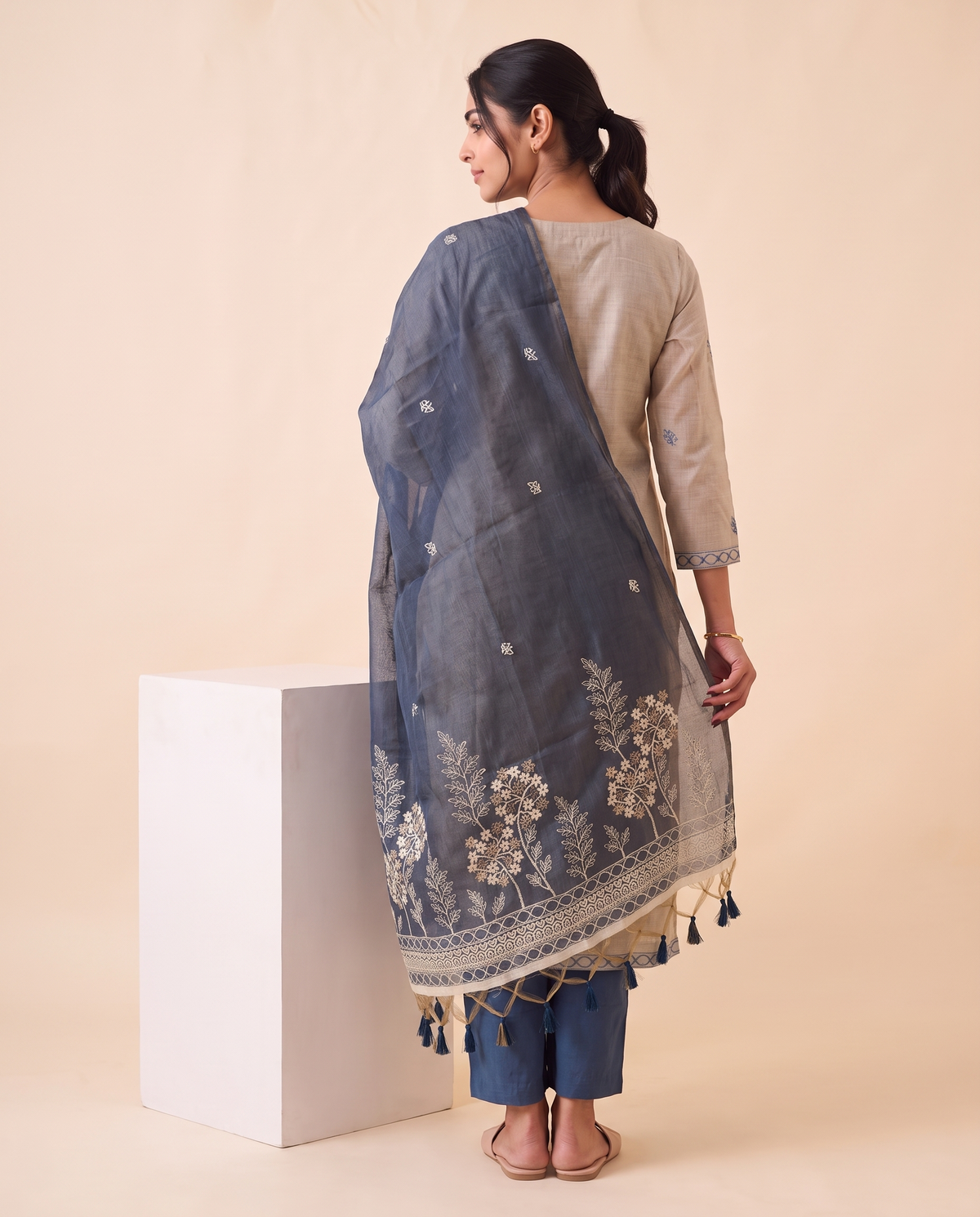 Vela Denim Blue & Off-White Muga Cotton Stitched Suit Sets