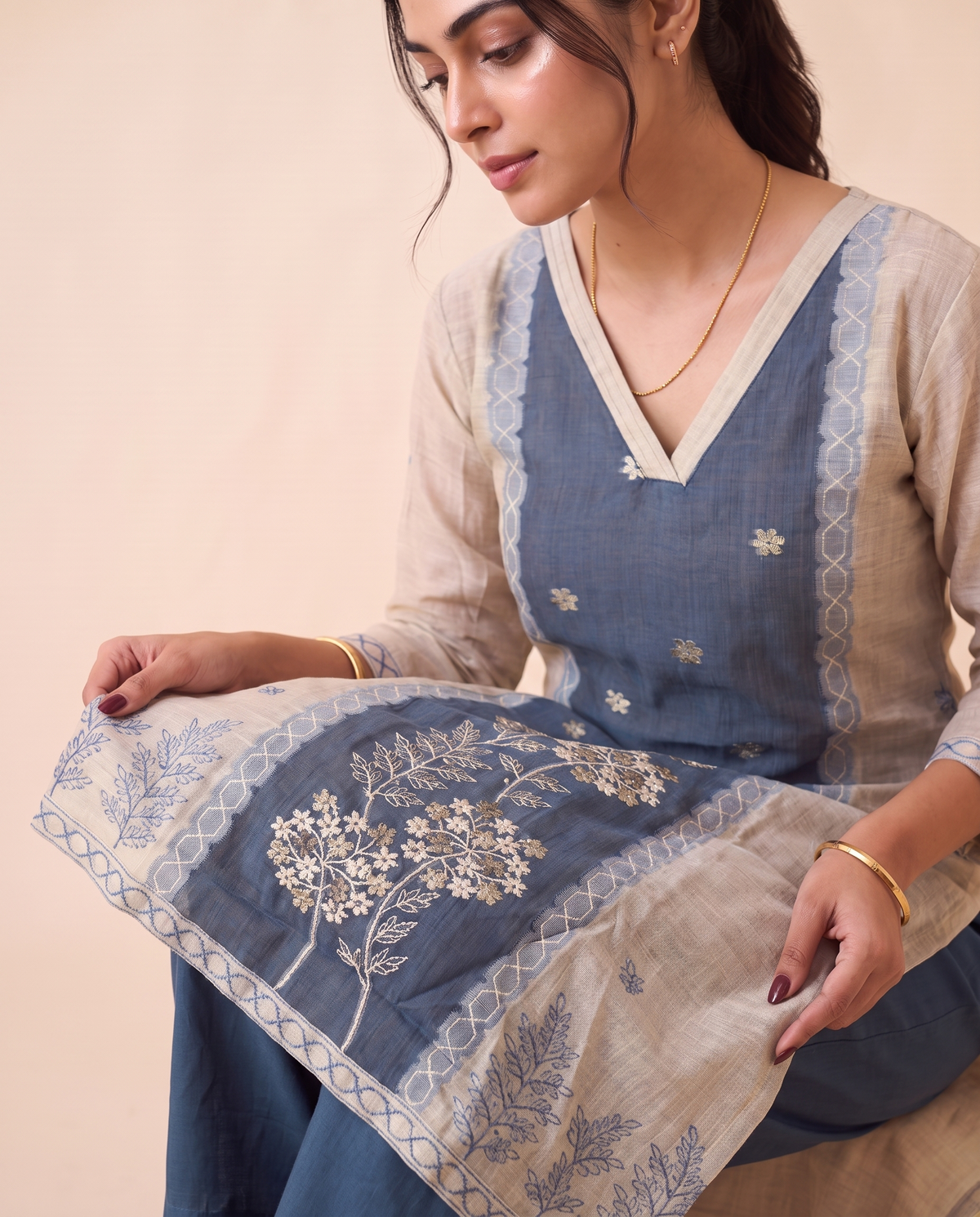 Vela Denim Blue & Off-White Muga Cotton Stitched Suit Sets