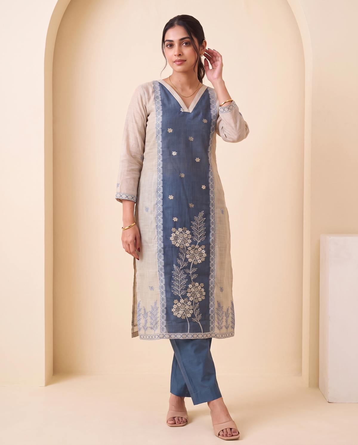 Vela Denim Blue & Off-White Muga Cotton Stitched Suit Sets