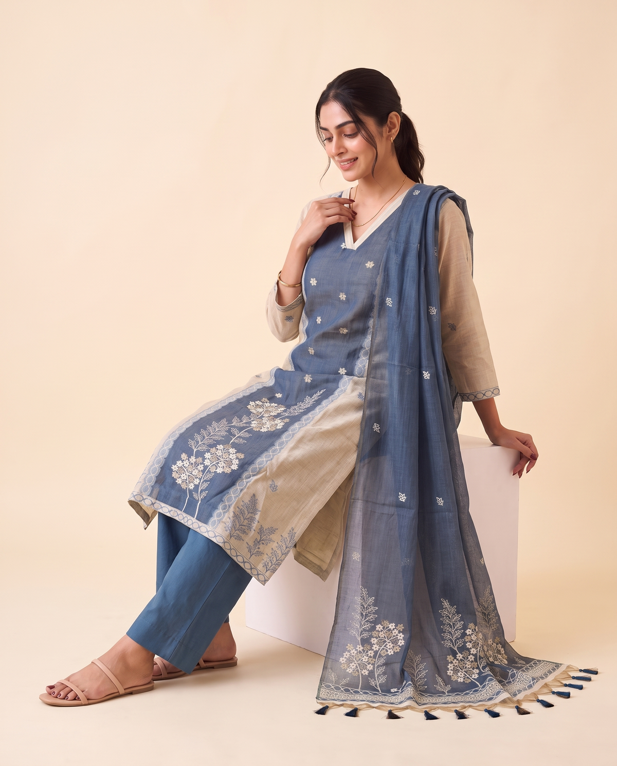 Vela Denim Blue & Off-White Muga Cotton Stitched Suit Sets