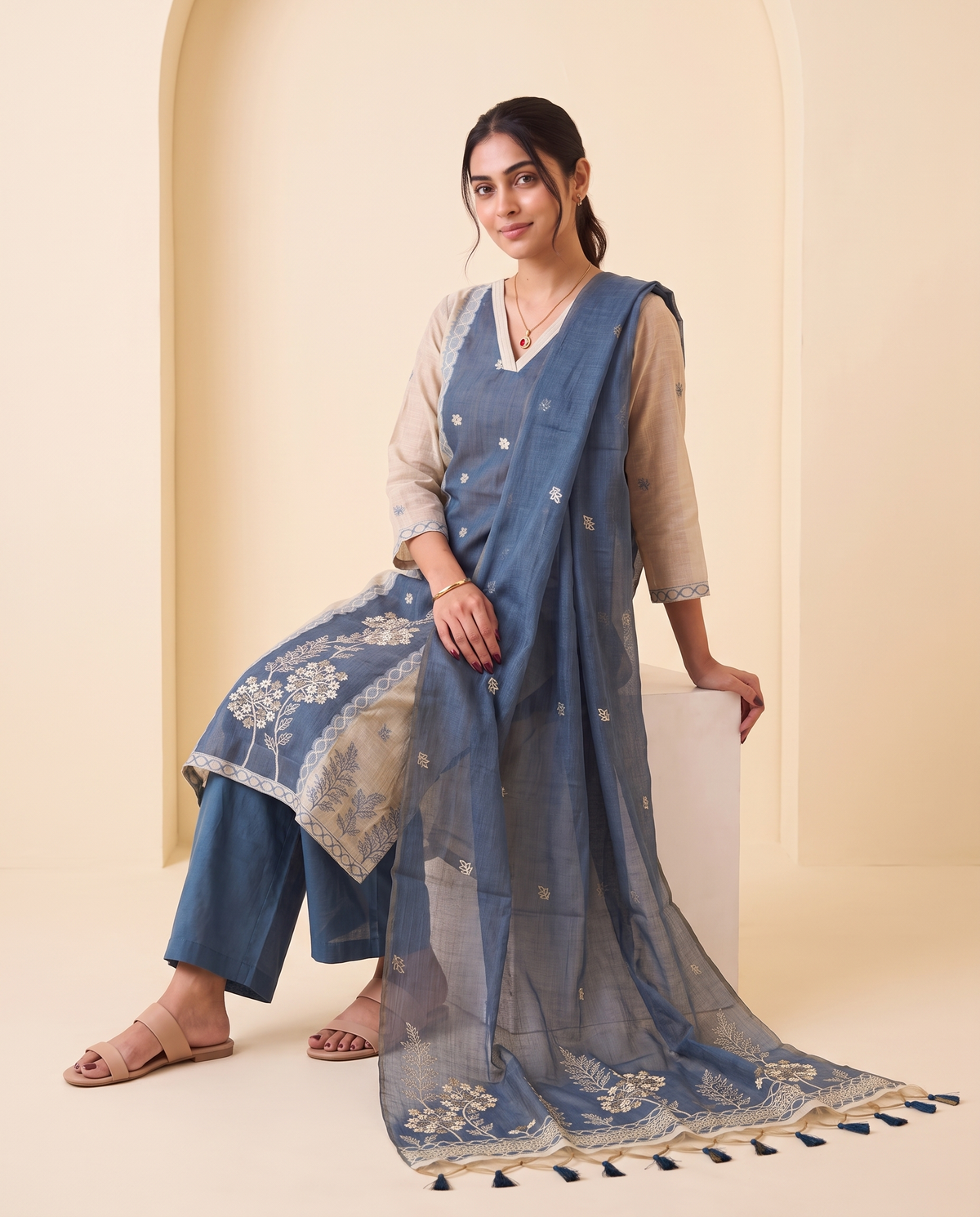 Vela Denim Blue & Off-White Muga Cotton Stitched Suit Sets
