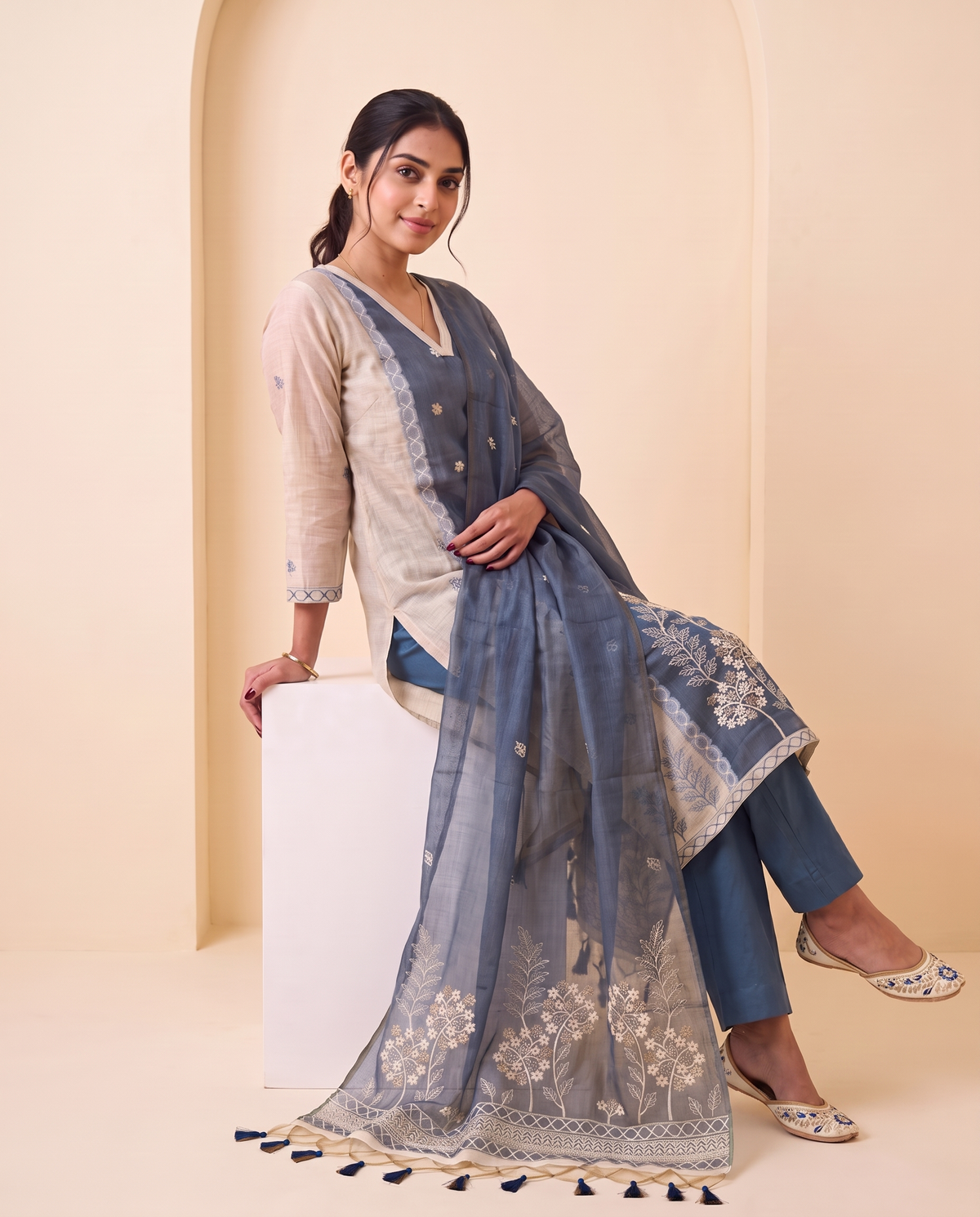 Vela Denim Blue & Off-White Muga Cotton Stitched Suit Sets