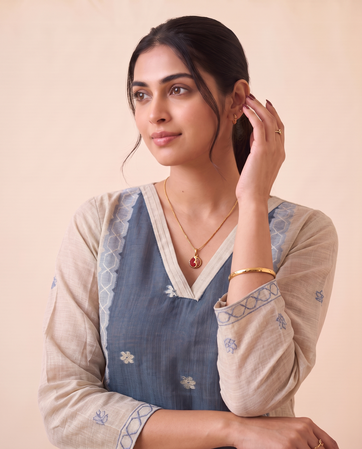 Vela Denim Blue & Off-White Muga Cotton Stitched Suit Sets