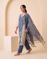 Vela Denim Blue & Off-White Muga Cotton Stitched Suit Sets