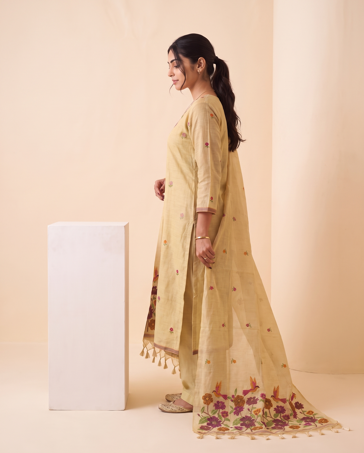 Evelia Yellow Muga Cotton Stitched Suit Sets
