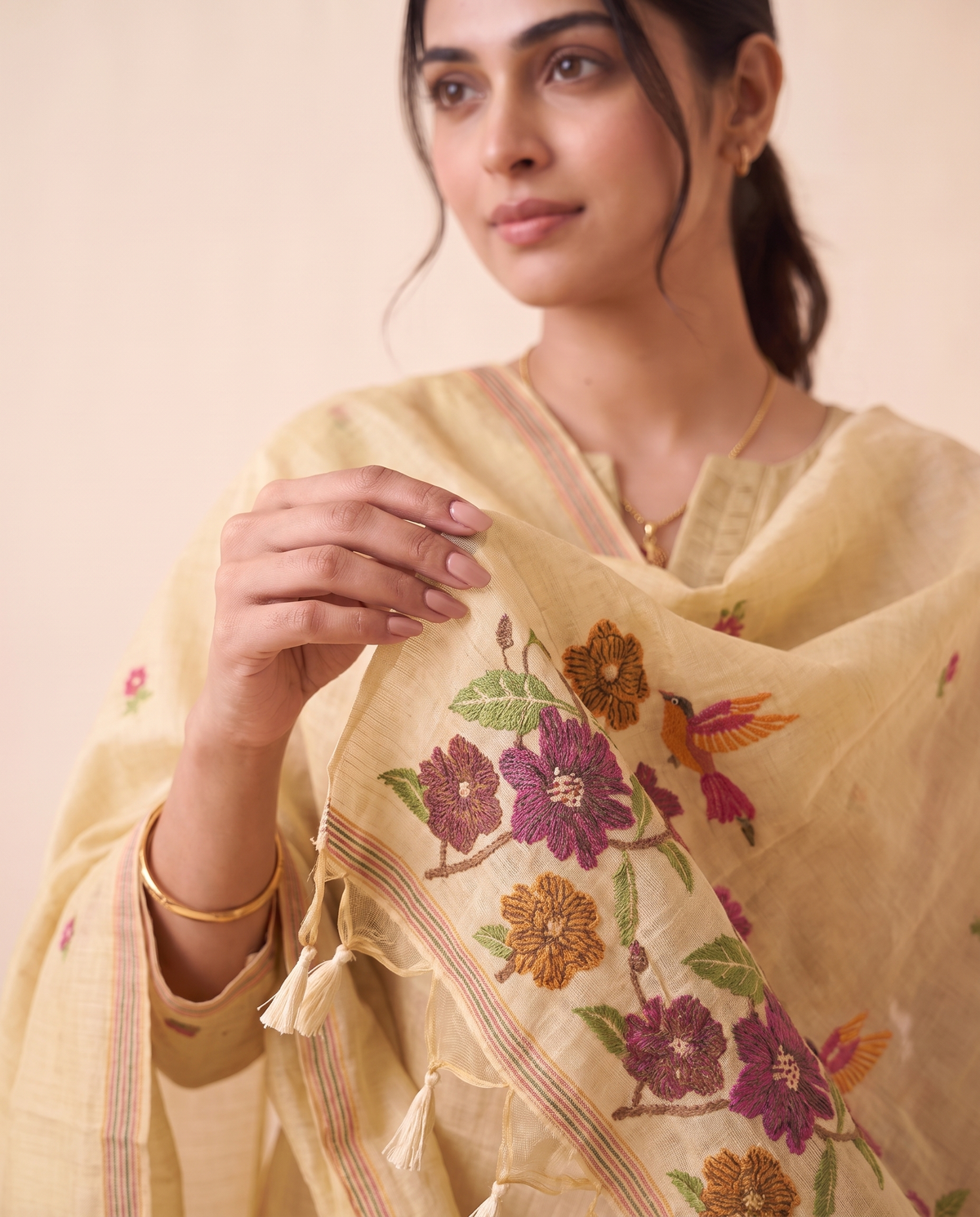 Evelia Yellow Muga Cotton Stitched Suit Sets