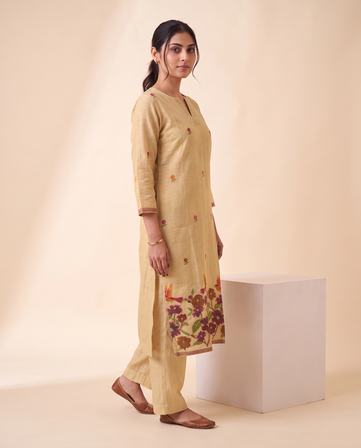 Evelia Yellow Muga Cotton Stitched Suit Sets