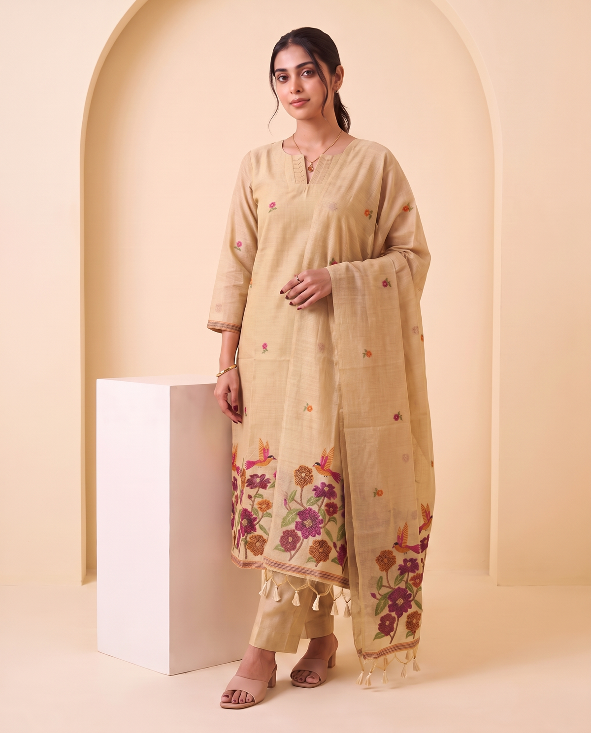 Evelia Yellow Muga Cotton Stitched Suit Sets