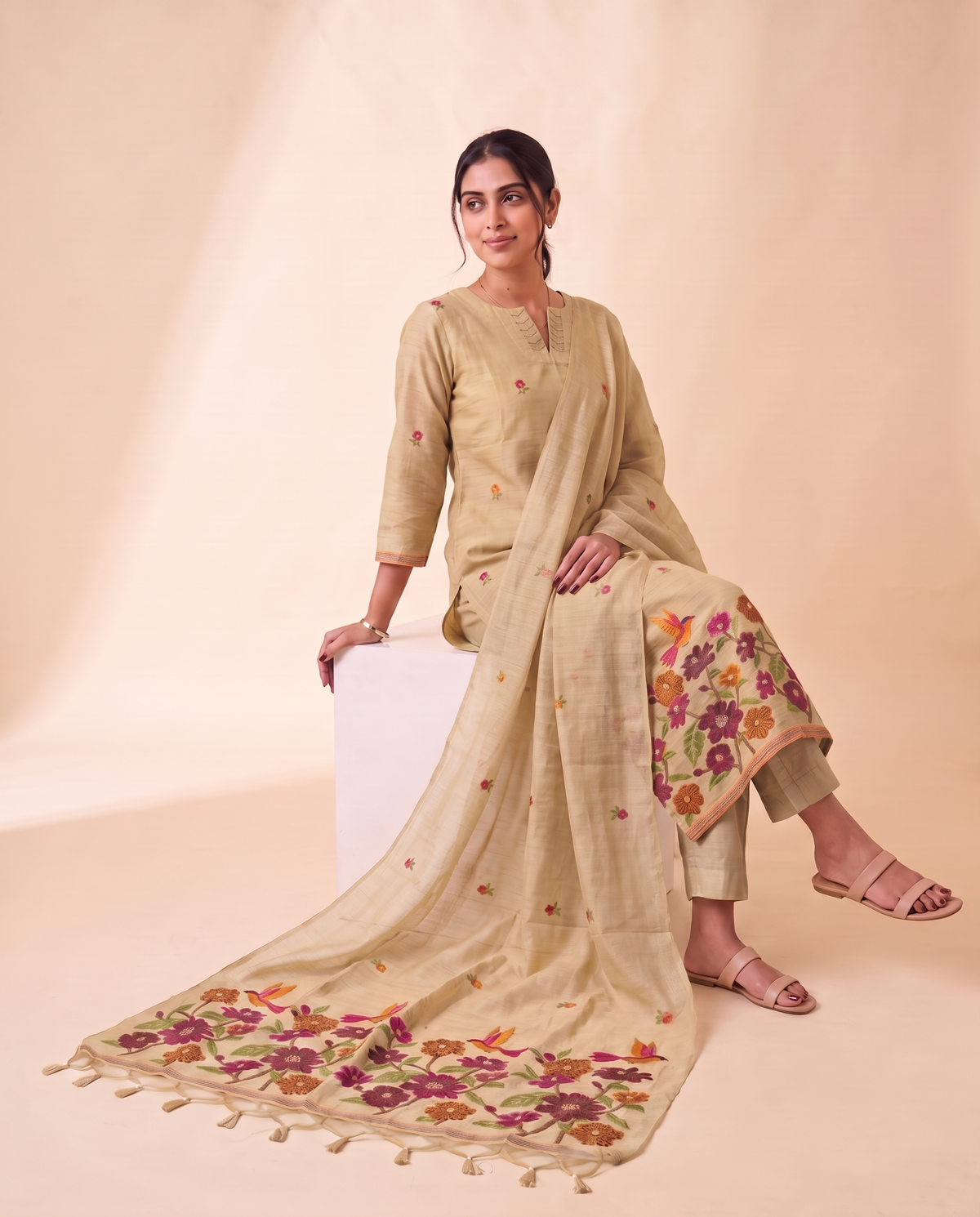 Evelia Yellow Muga Cotton Stitched Suit Sets