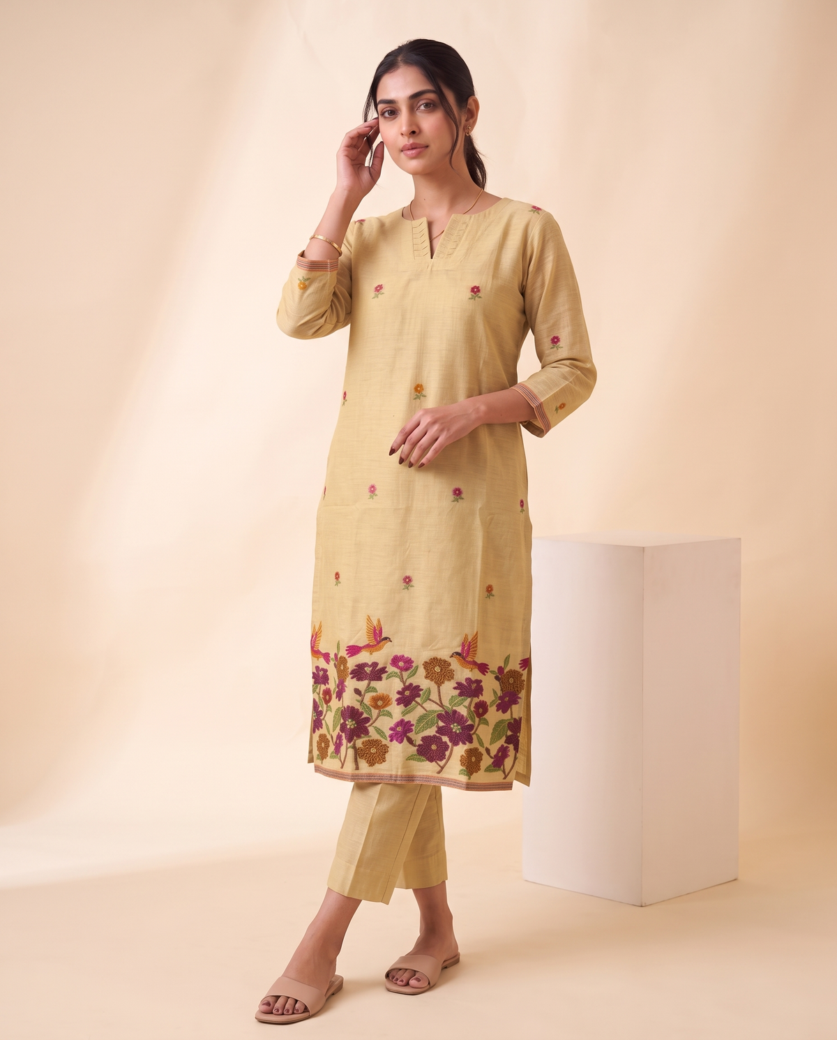 Evelia Yellow Muga Cotton Stitched Suit Sets