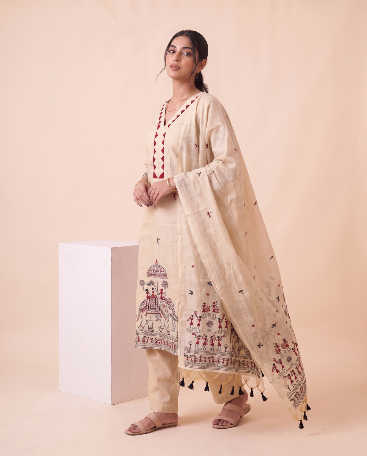 Estella Beige Muga Cotton Stitched Suit Sets
