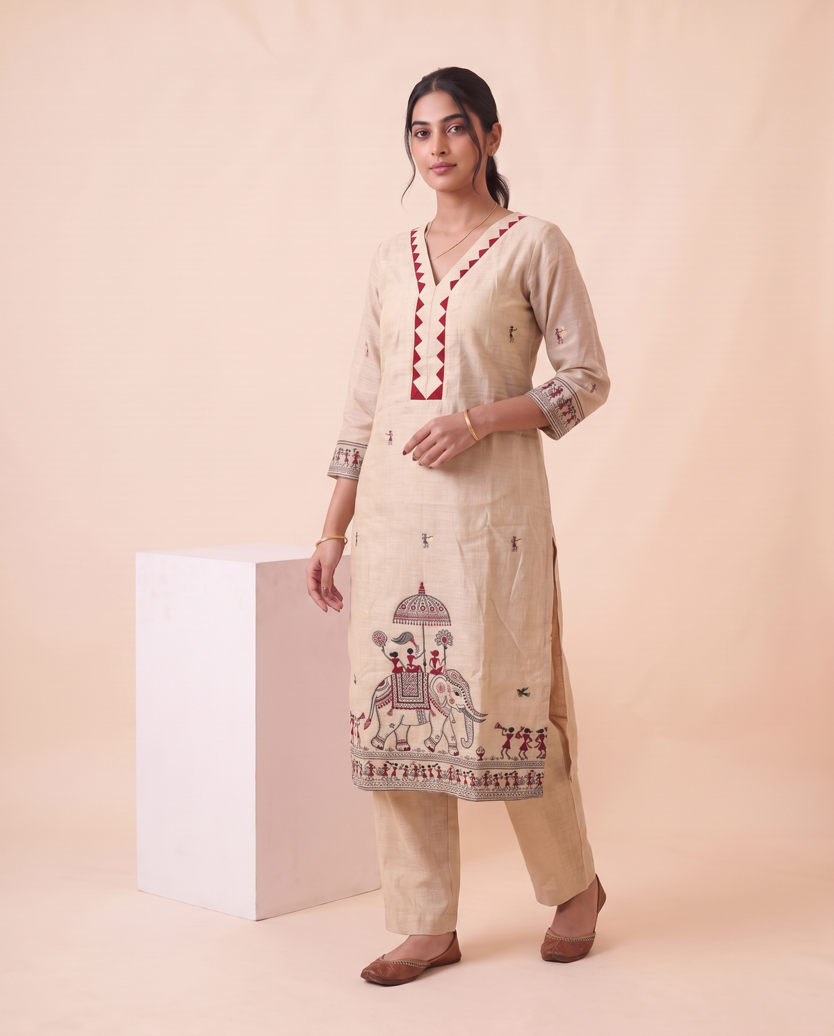 Estella Beige Muga Cotton Stitched Suit Sets