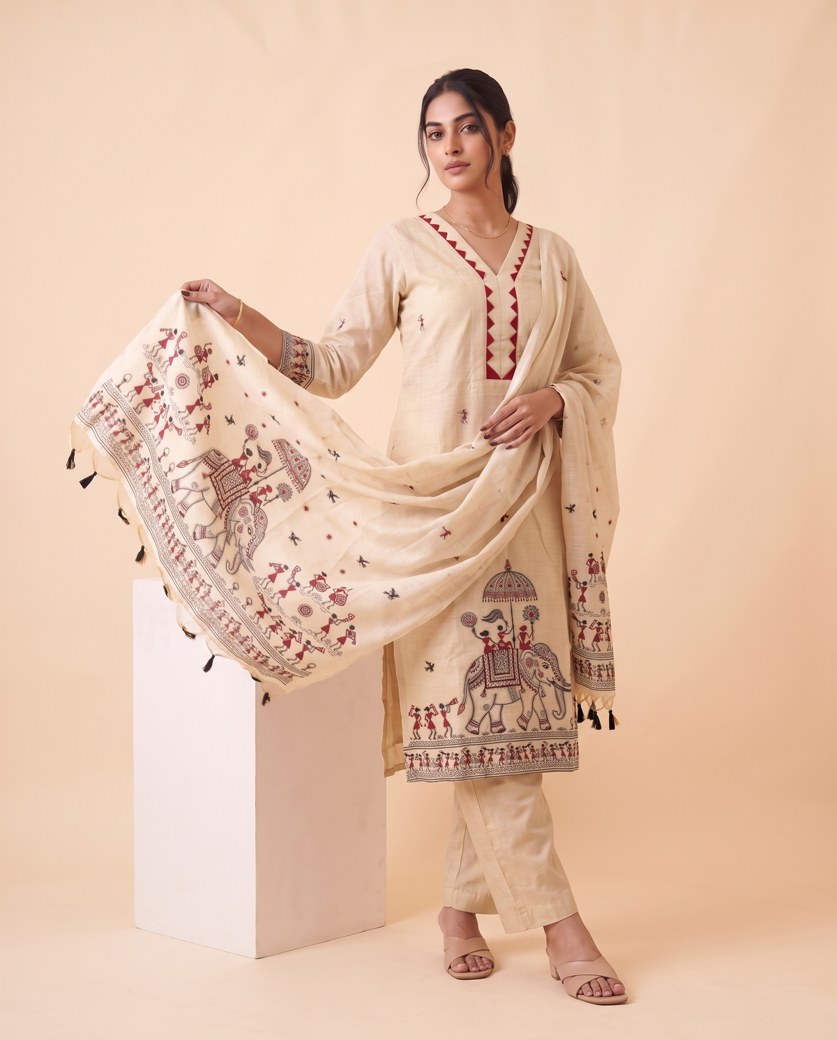 Estella Beige Muga Cotton Stitched Suit Sets