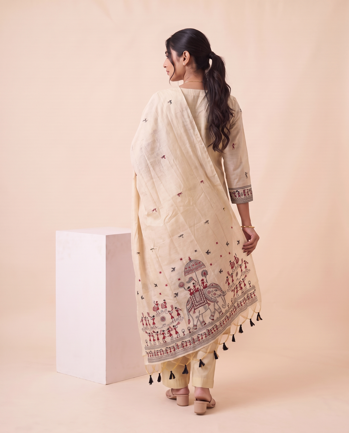 Estella Beige Muga Cotton Stitched Suit Sets