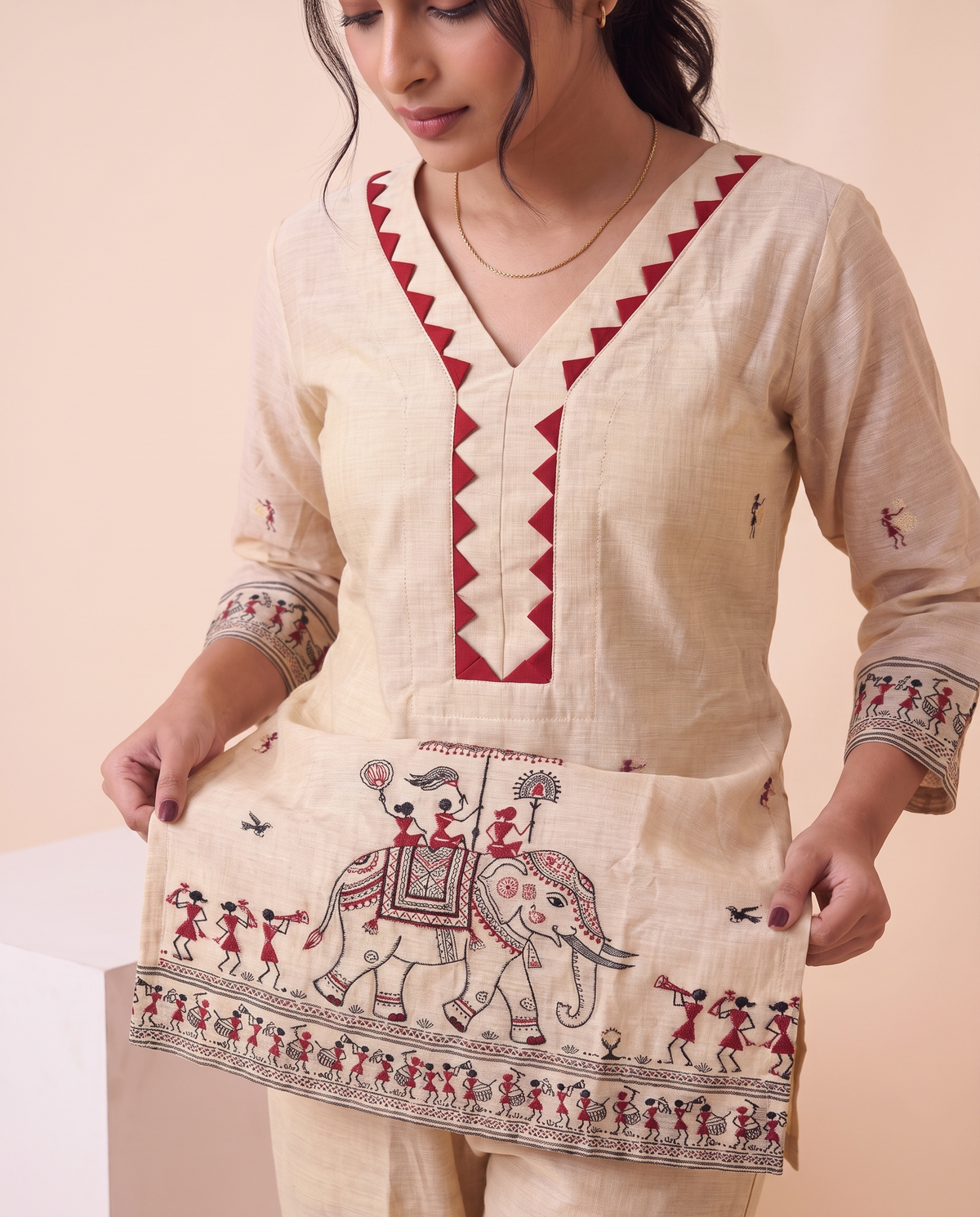 Estella Beige Muga Cotton Stitched Suit Sets