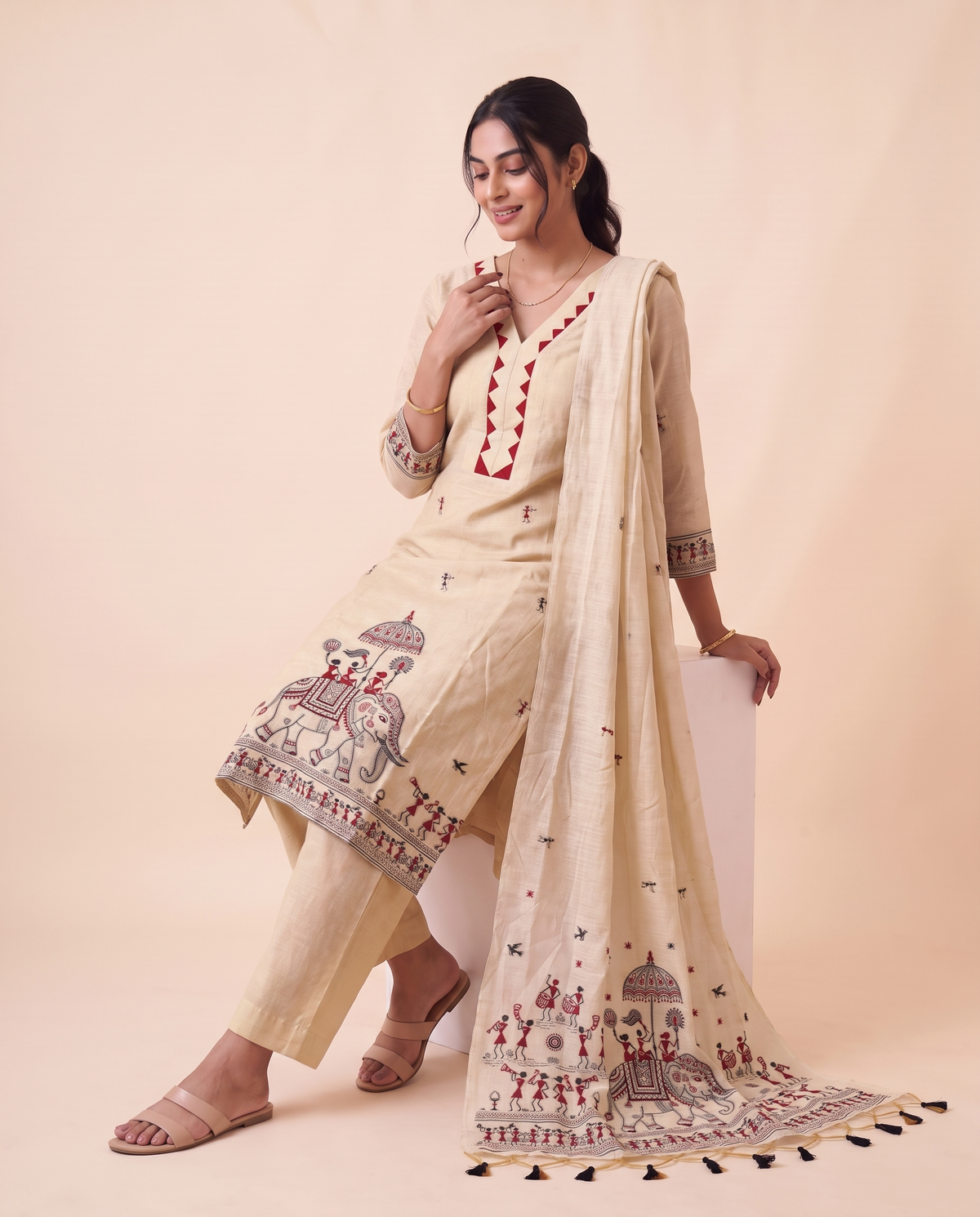Estella Beige Muga Cotton Stitched Suit Sets
