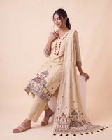 Estella Beige Muga Cotton Stitched Suit Sets