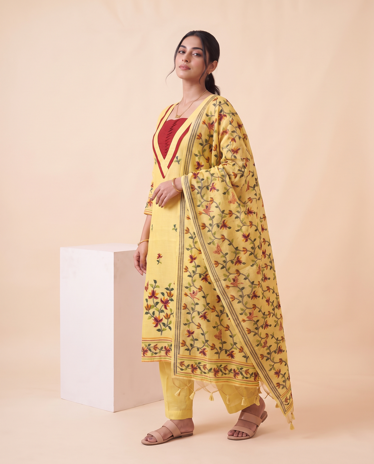 Arlette Yellow Muga Cotton Stitched Suit Sets