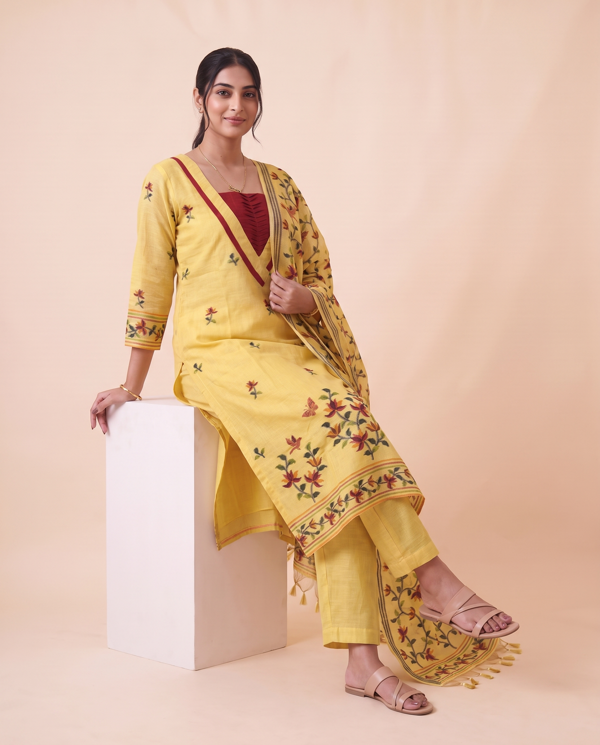 Arlette Yellow Muga Cotton Stitched Suit Sets